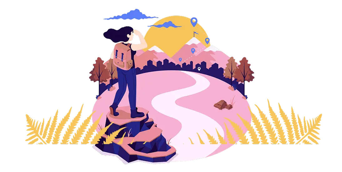 Illustration of a woman walking towards some mountains